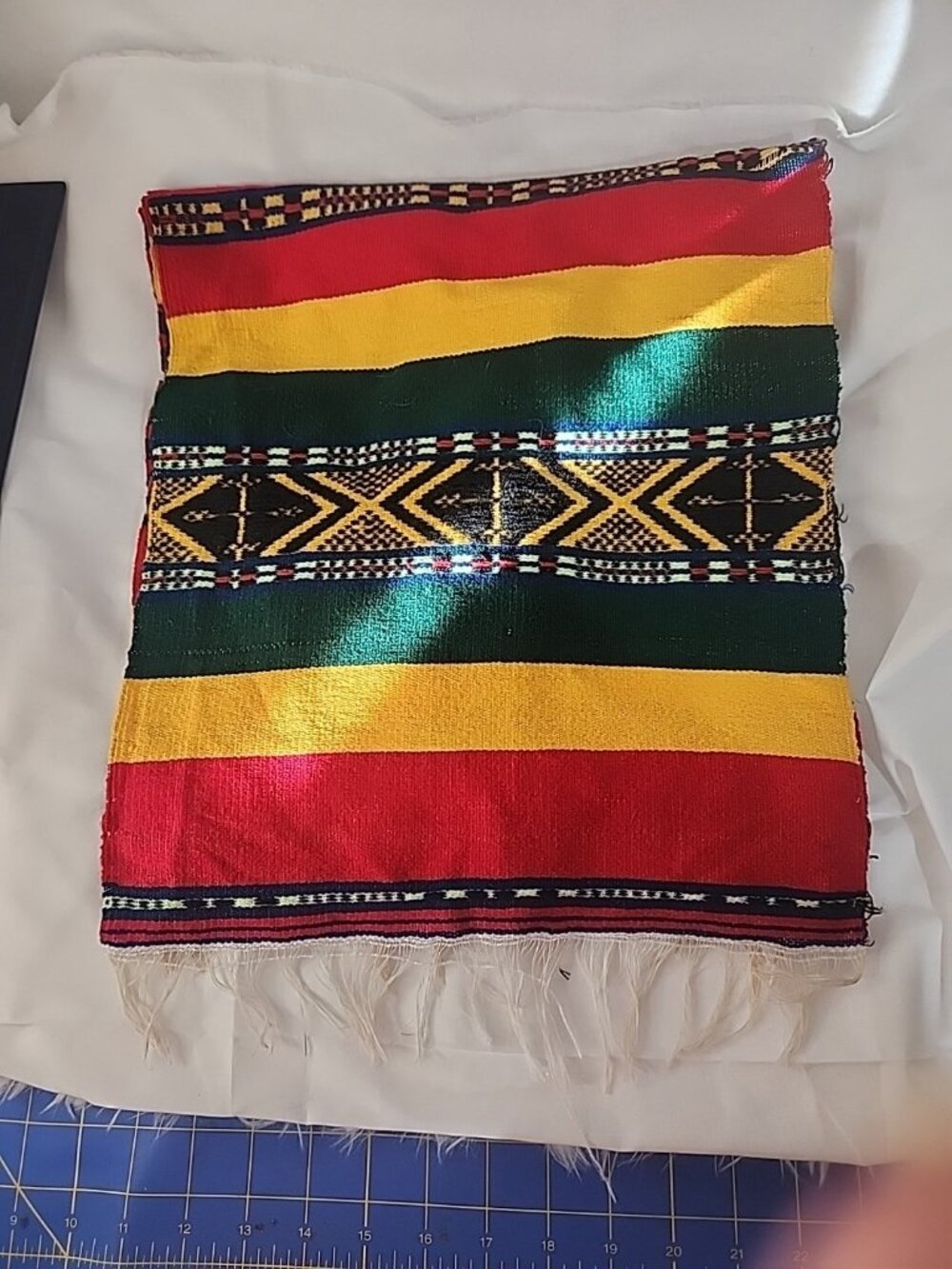 Vtg Woven Mexican Table Runner or Scarf  12 In Across  104In In Length fringe
